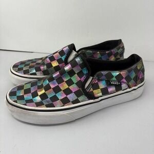 Vans Womens 6 Multicolor Checkered Slip On Sneakers Rainbow Holographic